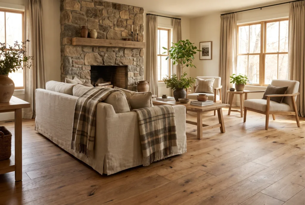 Séjour rustique moderne au parquet chêne vieilli raboté main