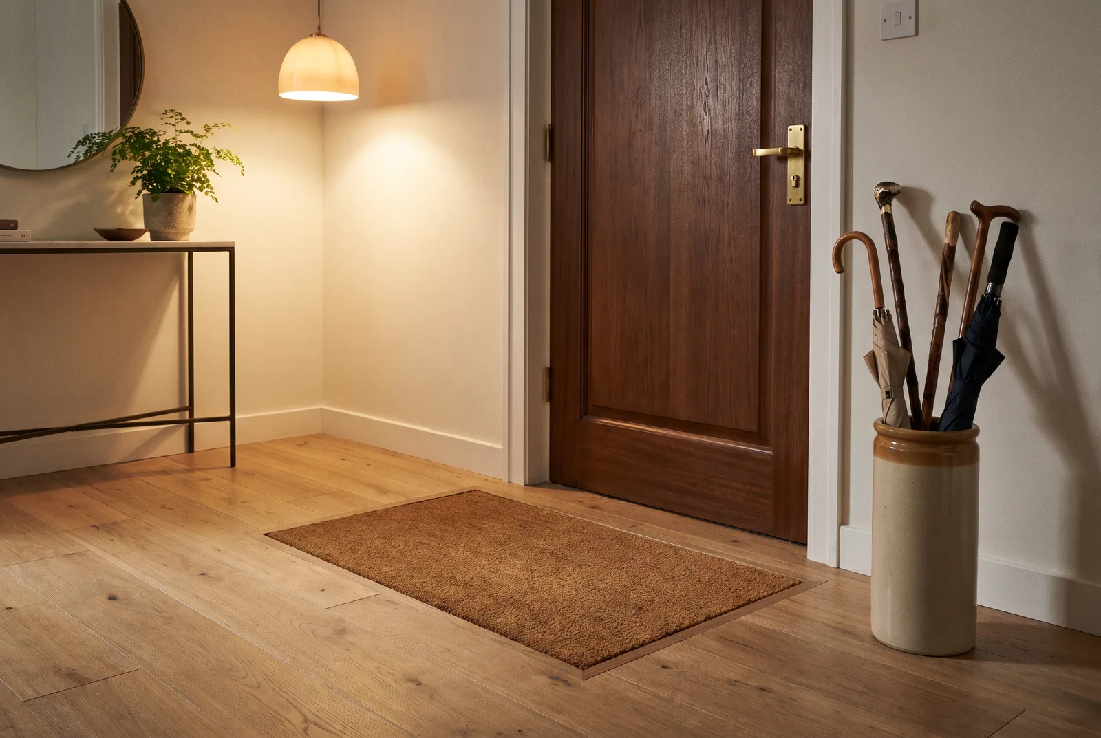 Tapis de sol encastré dans un parquet chêne brossé