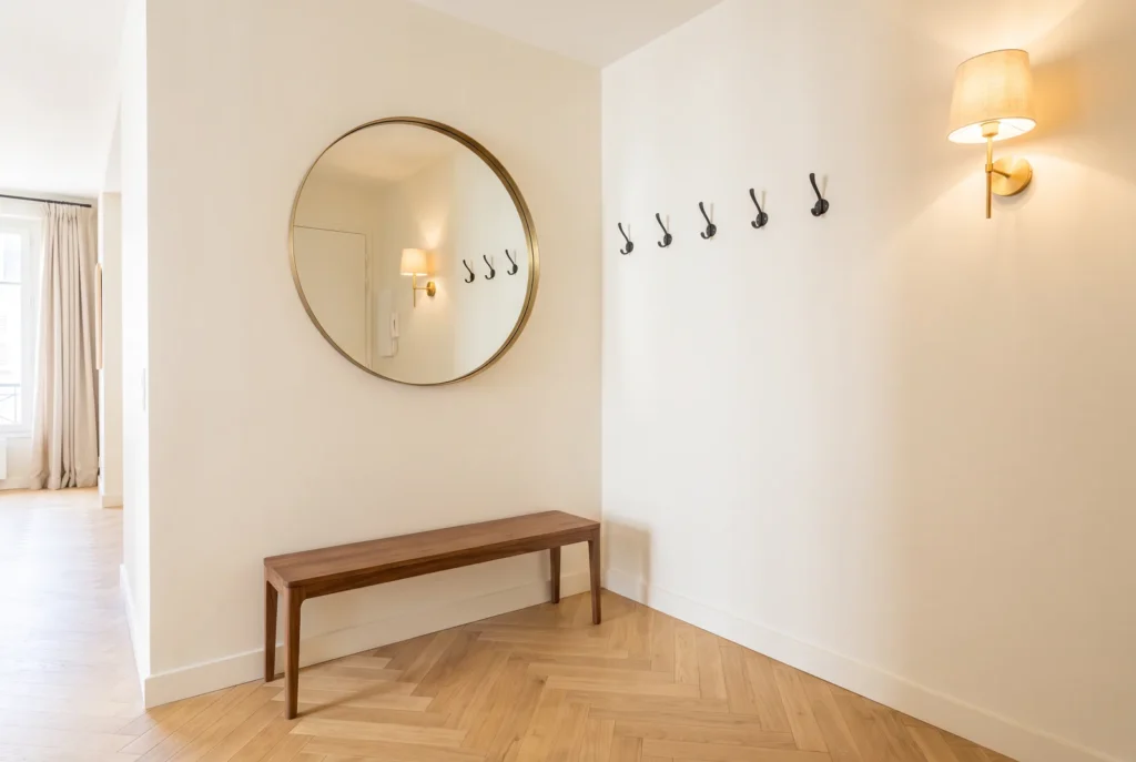 Entrée élégante avec parquet bâtons rompus, miroir rond et banc