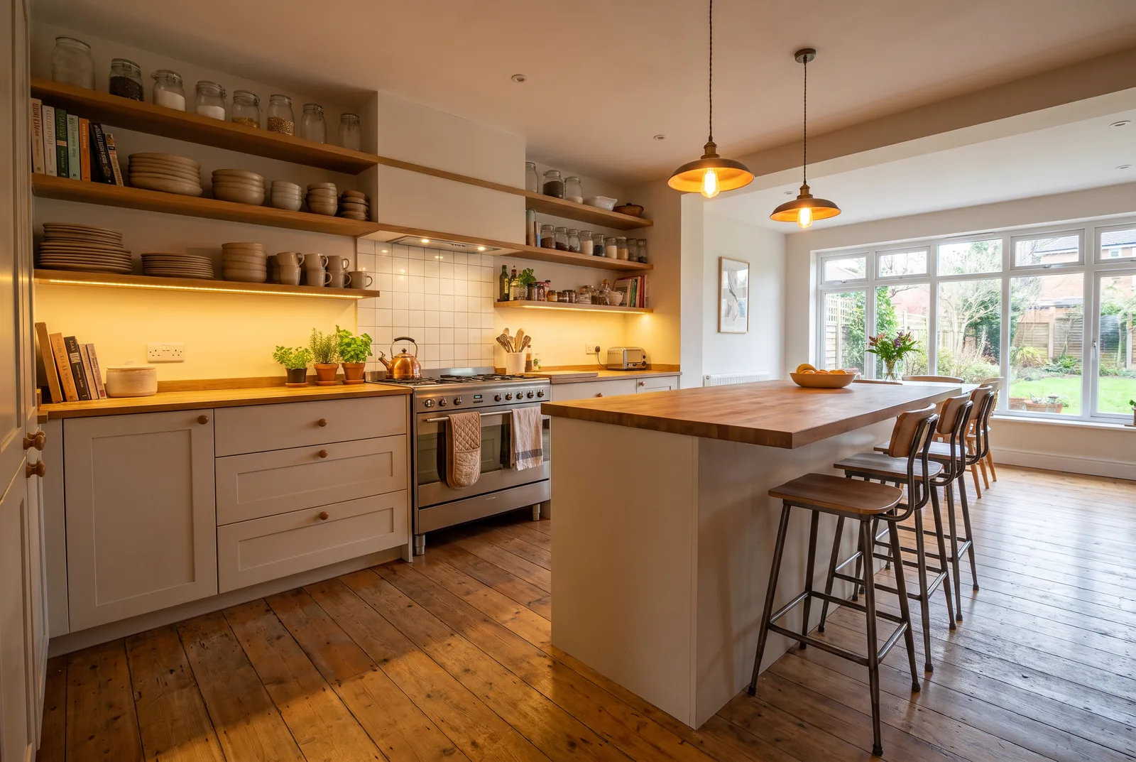 Cuisine avec parquet chêne verni mat et îlot bois