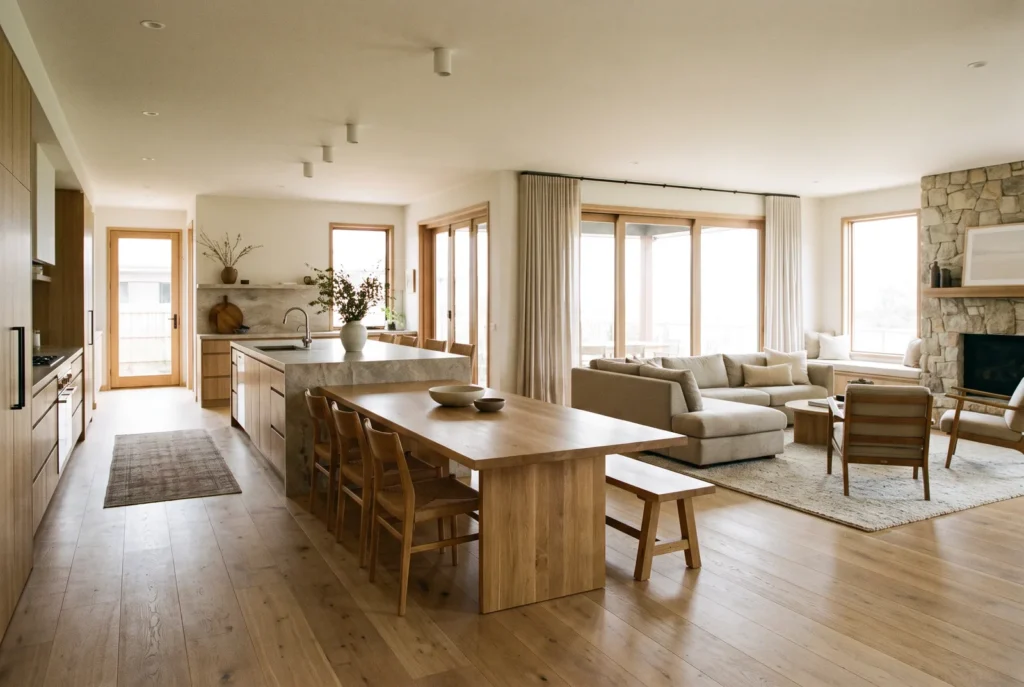 Cuisine ouverte et séjour unis par un même parquet chêne