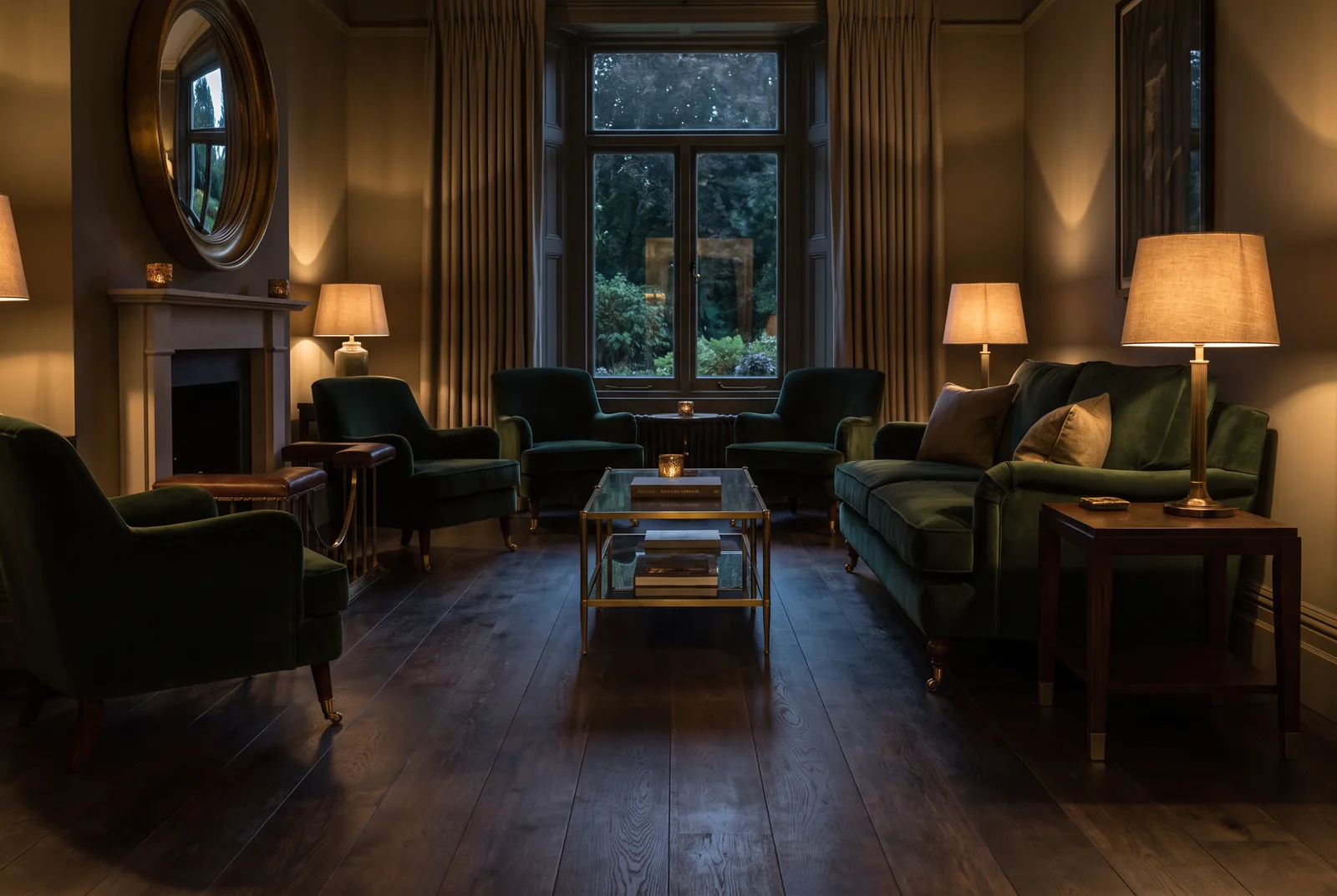 Salon du soir au parquet fumé profond, velours et laiton