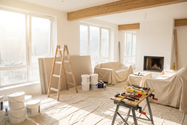 Pièce en cours de rénovation avec escabeau placo et peinture