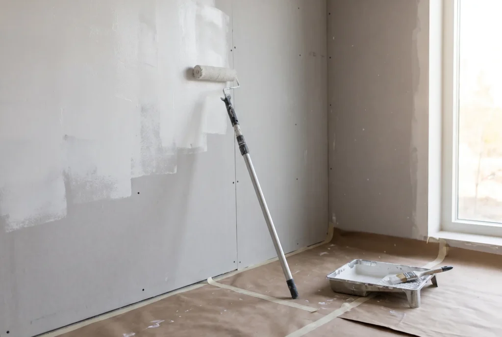 Sous-couche appliquée au rouleau sur un mur en placo neuf