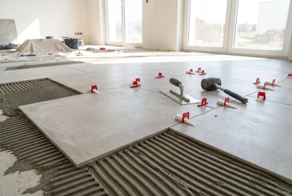 Carrelage grand format posé avec croisillons autonivelants