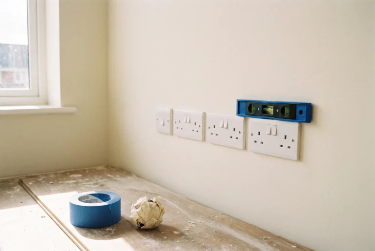 Prises électriques neuves alignées sur un mur rénové