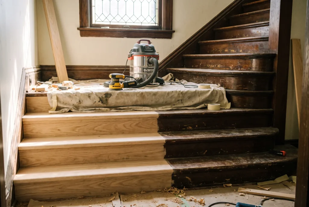 Escalier bois à moitié poncé pendant sa rénovation